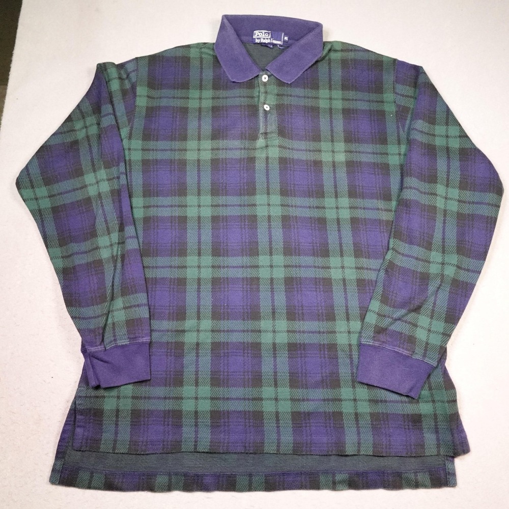 Vintage Polo Ralph Lauren Polo Shirt Men XL Green Plaid Tartan 90s Long Sleeve
